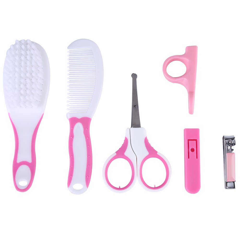 Drfeify 6pcs Daily Baby Nail Clipper Scissors Hair Brush Comb Manicure Care Kit Infant Nail Clipper and Tools for Massage and Care Traveling (Roseate)