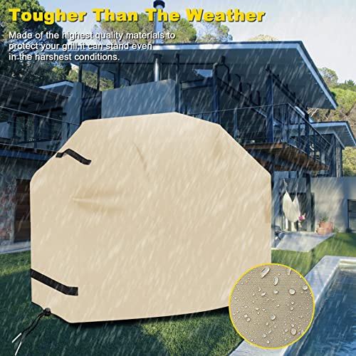 Grill Cover, grill cover for outdoor grill,BBQ Cover, Waterproof & UV Resistant, Gas Grill Cover, Convenient Durable Ripstop, with Adjustable Velcro Hem Cord, for Weber, Char Broil, 58 Inch Khaki