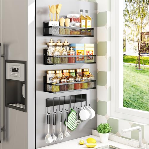Miyawell Miyawell Magnetisches Gewürzregal für Kühlschrank, 4 Stück, magnetisches Regal, Kühlschrank-Organizer, Magnetregale für Küchenorganisation und Aufbewahrung, bewegliche Gewürzregale mit 8 Haken, Metall - Detailansicht 2 | Gewürzregale