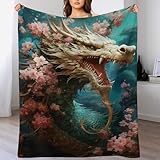 ABASWSA - Manta de flores japonesas con dragón de franela polar suave y cálido fácil de manejar para cama sofá dormitorio, balcón para bebé hotelera (130 × 150 cm)