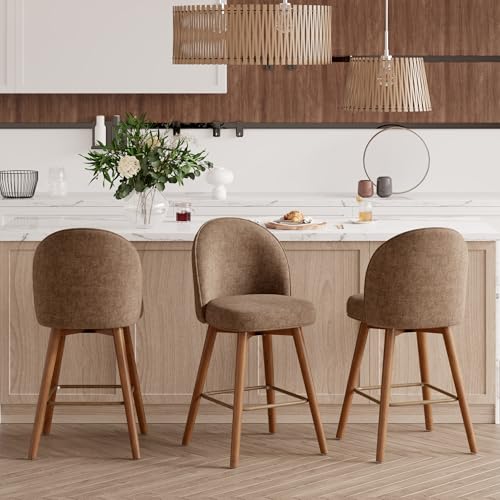 Image of Modern Swivel Bar Stools Set of 3, Chic Upholstered Counter Height(26IN) Bar Chair with Back, Solid Wood Legs and Footrest, Comfortable Chenille Bar Stool for Kitchen Island, Chestnut Brown