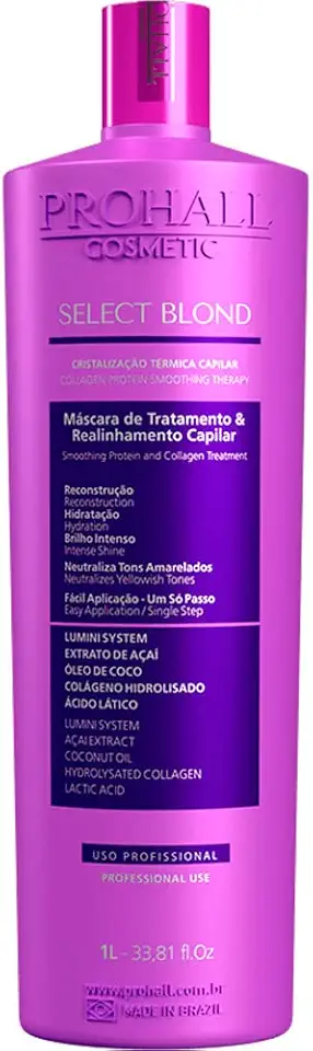 Progressiva Sem Formol Para Loiras Prohall Select Blond 1L - Alisamento Tonalizante Liso Perfeito e Brilho Espelhado - Baixo Odor