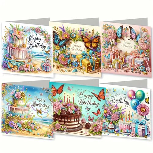 Nhemeylp 6 Pcs 5D DIY Diamond Art Birthday Cards with Envelopes for Children Adults, Handmade Diamond Painting Cards with Birthday Cake and Butterfly Element for Family Friend