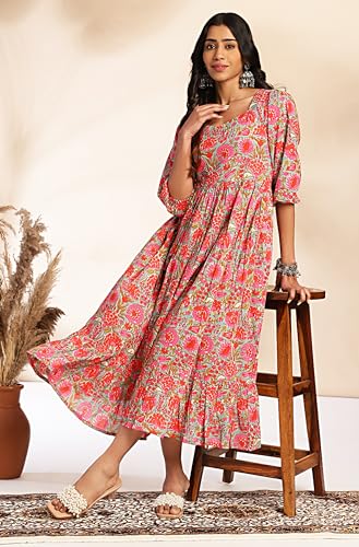 Image of Janasya Women's Cotton Floral Printed Flared Dress