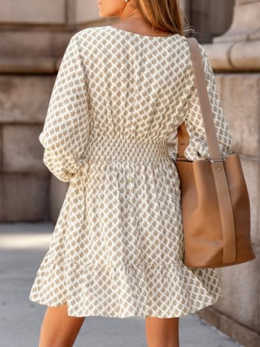 CUPSHE Women Geo V Neck Fall Dress Sleeveless Smocked Waist A Line Long Sleeve Button Casual Sundress Mini Dress2