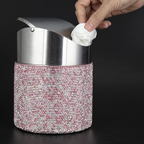 Image of KEYPOWER Bling Rhinestone Mini Trash Can Tiny Waste Can with Swing Lid Stainless Steel,Suitable for Countertop,Car,Table Desk(Pink)