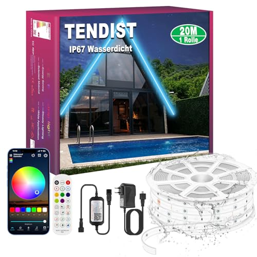 TENDIST 20M IP67 Tira LED Exterior Impermeable, Bluetooth RGB Tiras de LED para Exterior con Aplicación y Control Remoto, Sincronización Musical, para Jardín, Balcón, Terraza y Festivales (20M*1)