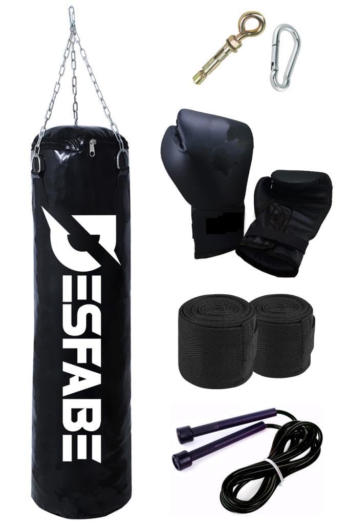 Desfabe Boxing Star 70x25 Cm Zincirli Boks Kum Torbası Siyah+Askı Aparatı+Boks Eldiveni+El Sargı Bandajı+Atlama İpi