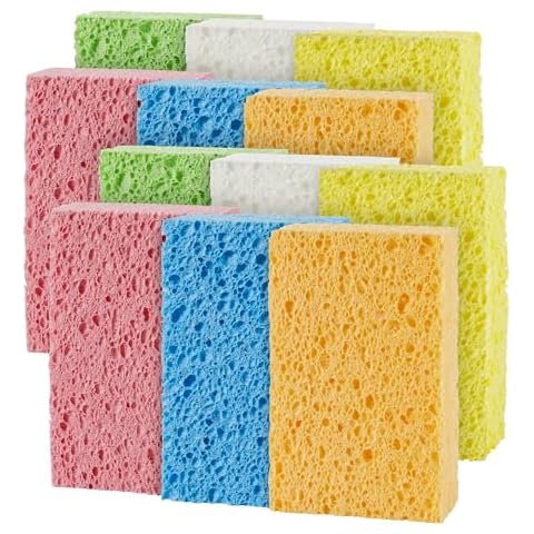 JOYMOOP Compressed Sponges, Cellulose Sponges Kitchen for Non-Scratch Washing Dishes, Household Cleaning Scrub Natural Sponges, Pack of 12 Colorful Sponges Cover
