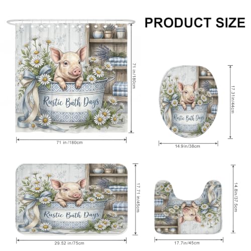 Ensemble rideau de douche et tapis cochon bleu rustique 183 cm