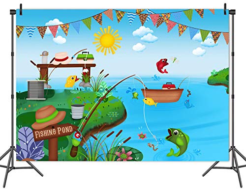 Summer Nature Pond Backdrop Fishing Rod Reel Fish Baby Shower Birthday Party Banner Supplies Kids Boys or Girls Cake Table Background Photo Studio Booth Props