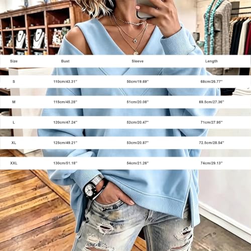 MESSIYO Off Shoulder Tops For Women Fall Cute Long Sleeve Shirts Sky Blue - image 5