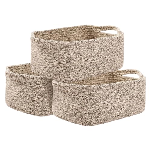 LUFEIS Cotton Rope Storage Basket, 3 Pack Storage Baskets for Shelves, Decorative Woven Baskets for Towels, Books, Toys, Empty Baby Gift Basket for Nursery, 32.5 x 22.5 x 14 cm (Brown)