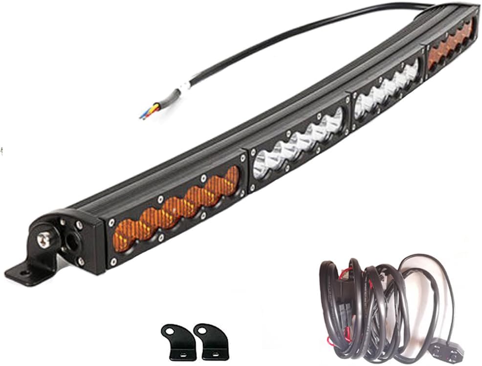 32'' Dual Color Amber/White LED Light Bar Offroad stroboflash 150w 18000 Lumen Off Road SUV UTV 4WD 4X4 Truck Tractor Van Camper Bumper Rock Wiring Harness Curved 32INCH 150W