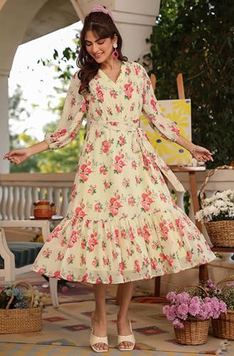 Image of Janasya Women's Georgette Floral Printed Tiered Dress