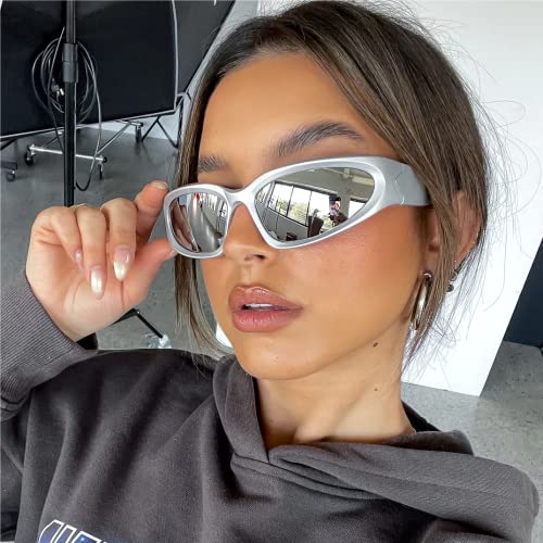 knliwkm Y2K Wrap Around Sunglasses Fashion Rave Metallic Chrome Space Alien Glasses Futuristic Shades Sports for Women Men3