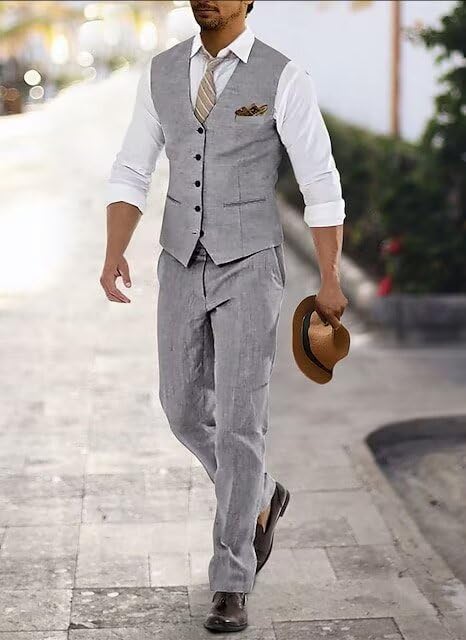 Men's Cotton Linen Suit 2 Piece Wedding Suit for Men Slim Fit Groomsmen Tuxedos Summer Beach Linen Vest Pants Set4