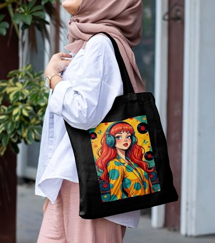 Image of ZORI Black Tote Bag With Pocket Printed Designed Canvas Tote Bags For Women large capacity,Tote bag For Shopping, College, Travel, More Canvas Handbag For Unisex Bag