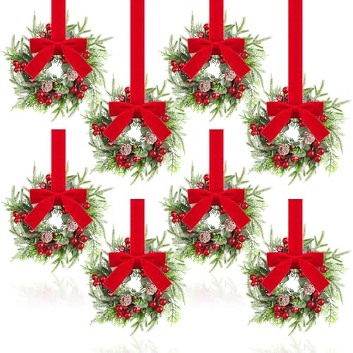 Dingion 8 Pcs Mini Christmas Kitchen Cabinet Wreath Small Christmas