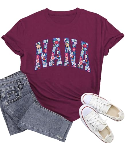 Wlen Nana Shirt for Women Mothers Day T-Shirts Floral Nana Letter Tee Tops DarkRed