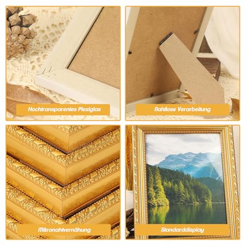 2er Set Bilderrahmen A4 Gold, Klassischer Vintage Rahmen mit Ständer und Wandaufhängung für Hoch- und Querformat, Bilderrahmen 33.5x24.5 CM mit bruchsicherem Acrylglas für Wand- oder Tischaufsteller