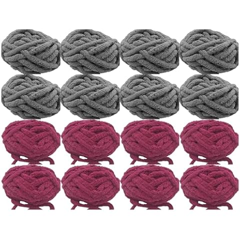 Chunky Chenille Yarn for Blanket 8lb, Dark Grey 8 Pack + Dark Red 8 Pack Super Bulky Soft Thick Fluffy Jumbo Giant Washable Polyester Big Yarn for Hand Knitting Extreme DIY Arm Knitting Cover