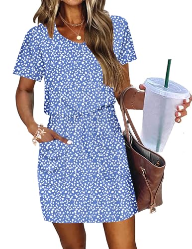 Image of AUSELILY Womens Summer Dresses 2026 Causal Short Sleeve V Neck Tie Front Mini Short Dress with Pockets