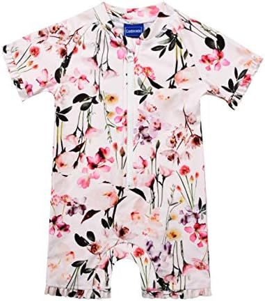 Cadocado Baby Girl Beach One-Piece Swimsuit UPF 50+ Sun Protective Short Sleeve Sunsuit Rashguard,Flower Print,4-5 Years Old