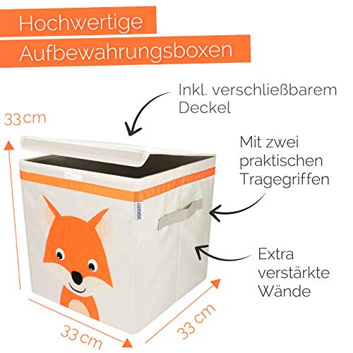 GLÜCKSWOLKE Aufbewahrungsbox Kinder - 15 Motive I Spielzeugkiste mit Deckel I Spielzeugbox (33x33x33) zur Aufbewahrung im Kallax Regal I Waldtiere Fuchs Motiv für Kinderzimmer Spielzeug