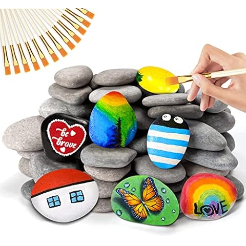 WhistenFla River Rocks for Painting, 28Pcs Smooth DIY Rocks & 12Pcs Paint Brushes, Kindness Stones for Arts Craft Valentine's Day Present Cover