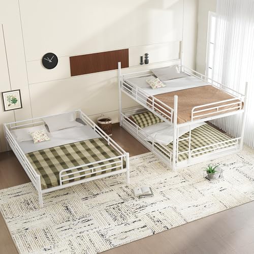Image of Queen Over Queen Over Queen Bunk Bed with Safety Guardrails, Modern Metal Triple Bed Frame for Kids, No Box Spring Required, White
