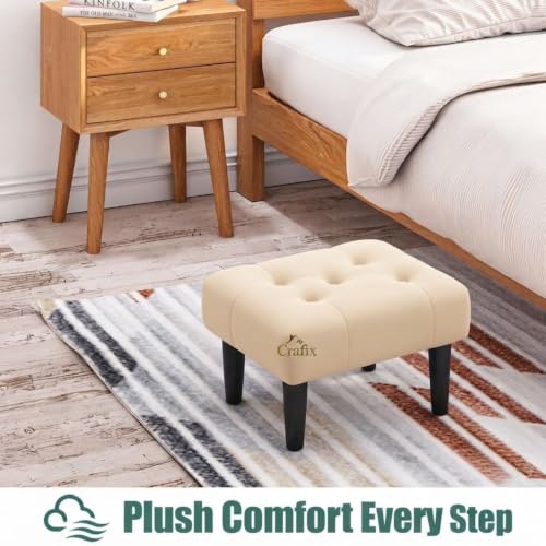 Image of Upholstered Foot Rest Ottoman Stool with Wooden Legs, Tufted Footstool for Living Room, Bedroom, Makeup Vanity, Entryway, Comfortable Footrest Bench, Modern Accent Ottoman (Creme)
