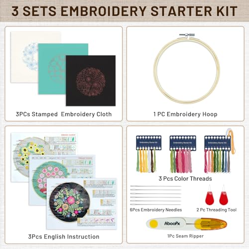 Image of XM-GENYUE 3 Sets Embroidery Stitch Practice kit for Beginners Adults, Flower Stitch Starter Kits Set for Adults with Embroidery Skill Techniques