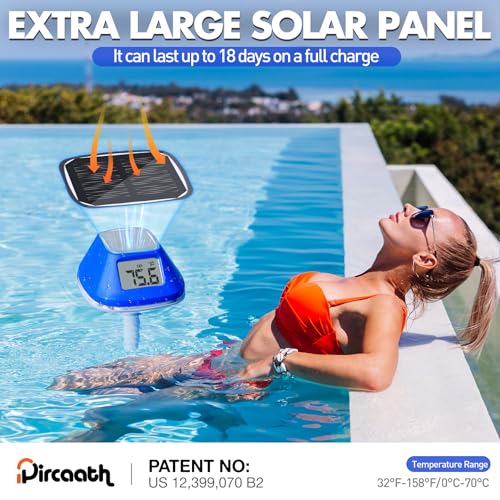 Image of Pircaath Next-Gen Solar Pool Thermometer Floating with Large Backlit Screen | Extra-Large LCD Display for Easy Read, Rope Included, IP68 Waterproof Digital Pool Water Temperature Gauge for Hot Tub, Spa