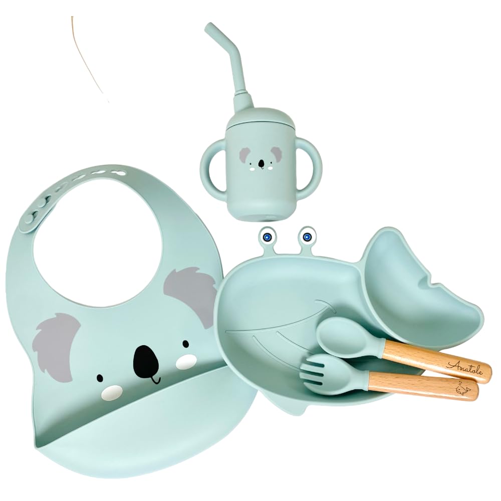 Pack repas + bavoir animaux + verre à paille pour enfant personnalisé | Cadeau de Bapteme naissance | Cadeau enfant et bébé | Kit Coffret Diner (Bleu clair)