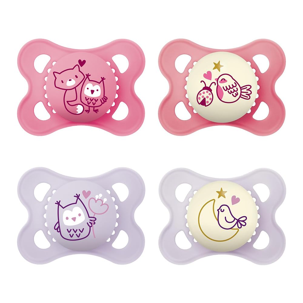 MAM Set di 4 Ciucci Original Day & Night con Tettarella in Silicone SkinSoft, 2-6 mesi, con Custodia Porta Ciuccio, Rosa