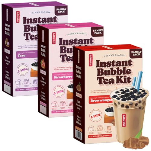 Pocas Bubble Tea Kit Variety 3-Pack – Brown Sugar, Strawberry, and Taro, 5 Kits per Flavor with Milk Tea Powder and Tapioca Pearls, 15 Oz Ea