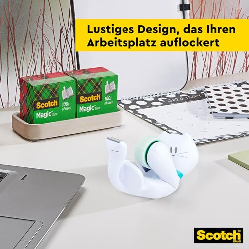Scotch 3M Tischabroller inkl. 1 Rolle Klebeband - Katze Klebeband Abroller, auch für Kinder, weiß, 19 mm x 8,89 m