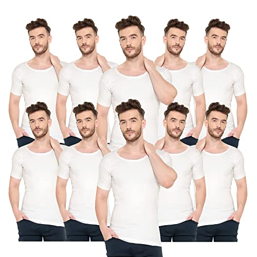 Image of Men's 100% Cotton Half Sleeve Round Neck Vest - Soft & Breathable Dailywear Baniyan, Pack of 2 /3 /5 /10 (White)