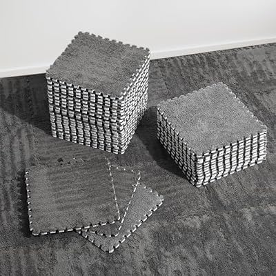 36 Pcs Plush Interlocking Carpet Tiles, Non-Toxic Shaggy Foam Carpet Tiles for Toddler Baby, Machine-Washable, Anti-Slip, EVA Foam Interlocking Tiles for Floor, Nursery, Playroom, Grey