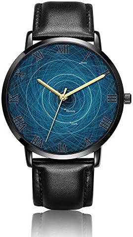 Whiterbunny Customized Solar System Trajectory Wrist Watch Unisex Analog Quartz Fashion Black Leather Strip/Black Dial Plate for Women and Men