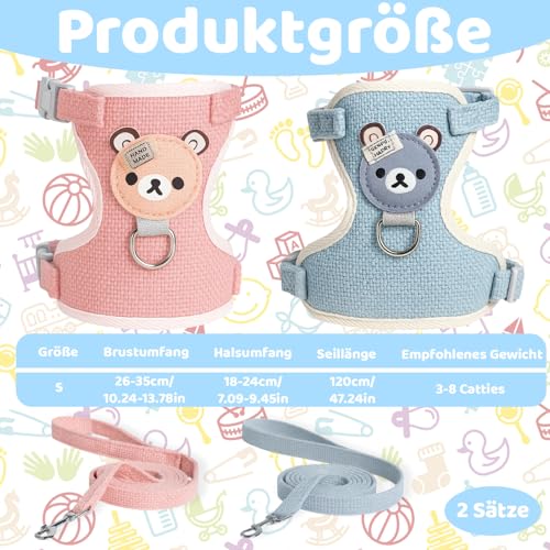 Pack of 2, 2er Set Hasenleine, Kaninchen Leine für Zwergkaninchen, Leichtes Geschirr für Kleintiere, Blau und Rosa (S), Ideal für Spaziergänge und Reisen