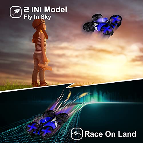 Untei 2 In 1 Mini Drone For Kids Remote Control Drone With Land Mode Or Fly Mode, Led Lights,Auto Hovering, 3D Flip,Headless Mode And 3 Batteries,Toys Gifts For Boys Girls (Blue) #TOP1