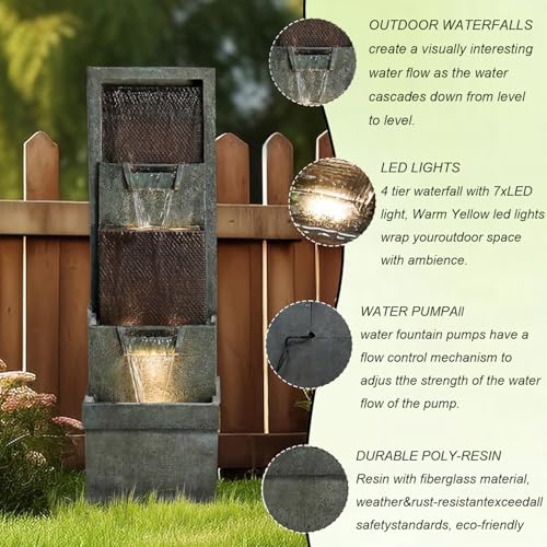 Image of Hamiedun 39.3 inchH Outdoor Garden Waterfall Fountain-Indoor Water Fountain with LED Lights, for Gardens, Landscaping, Patios, Balconies, Office,and Lawns for a Calming Oasis in Outdoor Living Art Decor