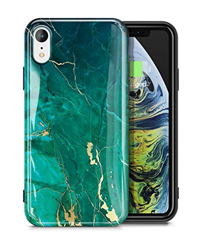 GVIEWIN Nature Series iPhone XR Case, [Upgraded Protection] Emerald Marble Pattern Design with Shockproof Slim Fit TPU Bumper, Green/Gold