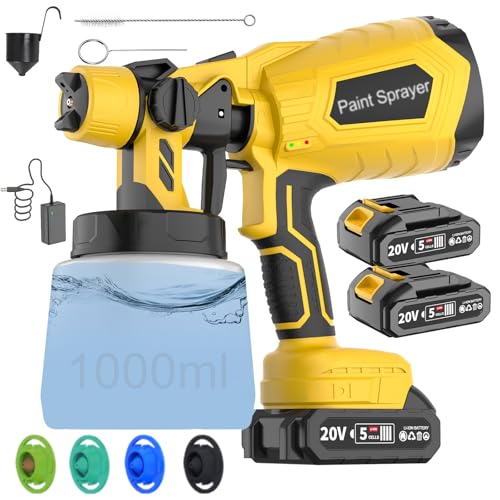 Cordless Paint Sprayer with Battery and Charge, 800W Electric Spray Gun with 5 Nozzles and 3 Patterns, Paint Spray for House Painting, Ideal Tool for All House Scenes, 2 Batteries
