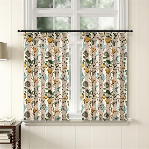Image of Beige Kitchen Tier Curtains 36 Inches Long,Botanical Floral Lemon & Hummingbird Pinch Pleated Half Window Drapes Room Darkening for Kitchen RV Cafe Basement Bathroom Dining Room,2 Panels