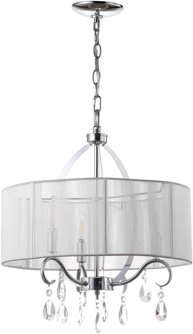 SAFAVIEH Lighting Collection New Vienna Modern Shabby Chic Farmhouse Glam White Shade/ Chrome 18-inch Diameter 3-light Adjustable Hanging Chandelier Light Fixture (LED Bulbs Included)