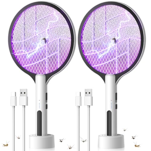 2PACK Electric Fly Swatter 4500V Bug Zapper Racket 2 in 1 Handheld Fly Zapper & Purple Mosquito Killer Rechargeable and 3-Layer Safety for Indoor Home Office Backyard Patio Camping