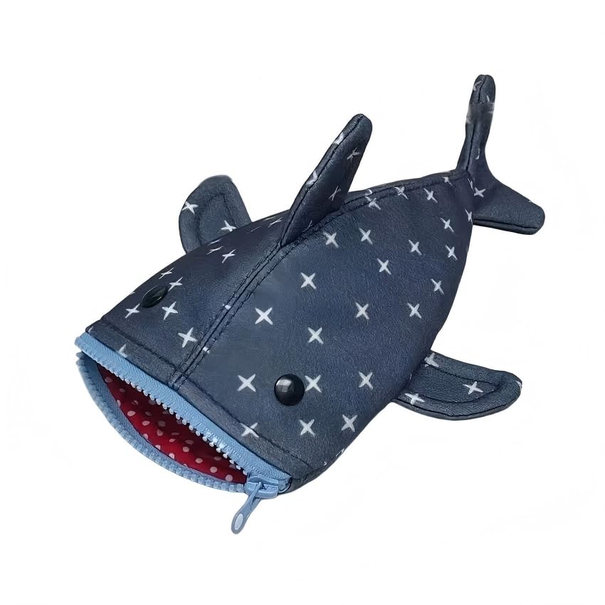 Estojo de lápis de tubarão de lona com estampa de estrela divertida, linda bolsa de papelaria com zíper, bolsa em forma de tubarão inspirada em jeans